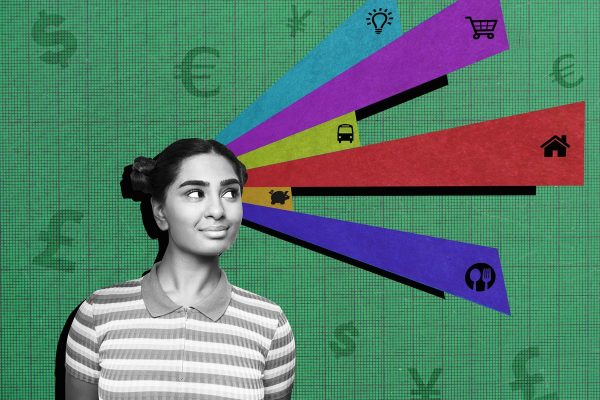 Collage of financial banking symbols with portrait of young woman